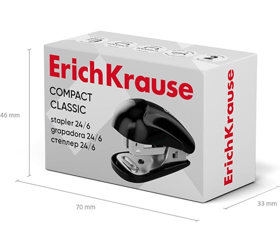 Мини-степлер ErichKrause №24/6, 26/6 Compact Classic до 20 листов, черный (в коробке по 1 шт.) 61735