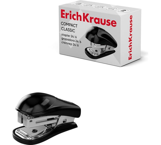 Мини-степлер ErichKrause №24/6, 26/6 Compact Classic до 20 листов, черный (в коробке по 1 шт.) 61735