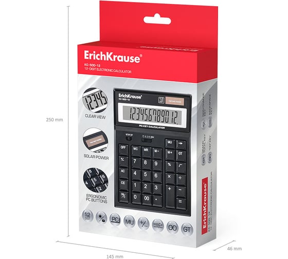 Настольный калькулятор ErichKrause 12-разрядов PC-key KC-500-12 Classic, черный (в коробке по 1 шт.) 40500