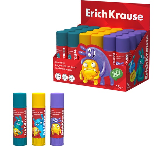 Клей-карандаш ErichKrause EasyStick Jolly Friends, 13 г (в коробке-дисплее по 24 шт.) 60910 1