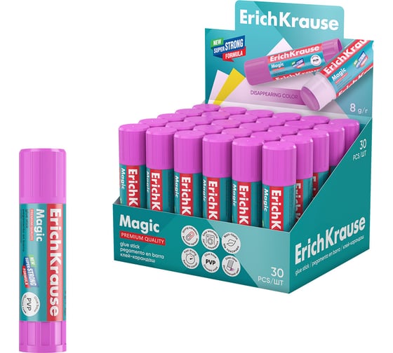 Клей-карандаш ErichKrause Magic обесцвечивающийся после нанесения, 8г (в коробке-дисплее по 30 шт.) 4445