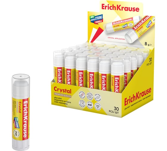 Клей-карандаш ErichKrause Crystal повышенной прозрачности, 8г (в коробке-дисплее по 30 шт.) 10999