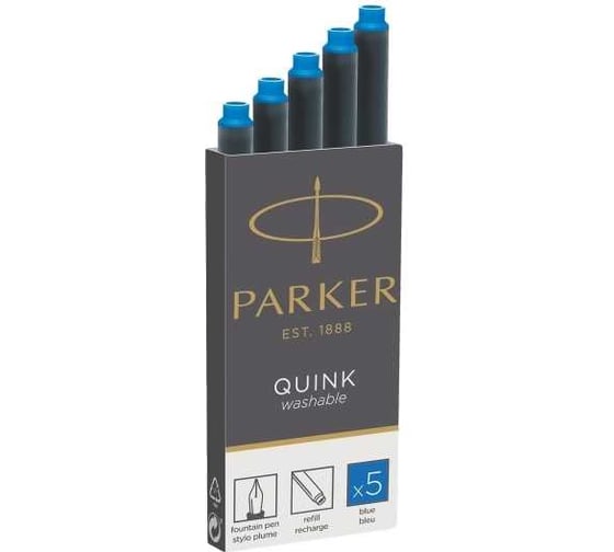 Чернила смывающиеся Parker синий, 5 шт в упаковке 1950383