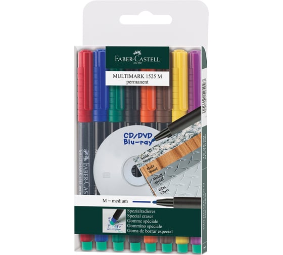Набор перманентных маркеров Faber-Castell Multimark permanent M 8 цветов, пулевидный, 1 мм, с ластиком 152509 1