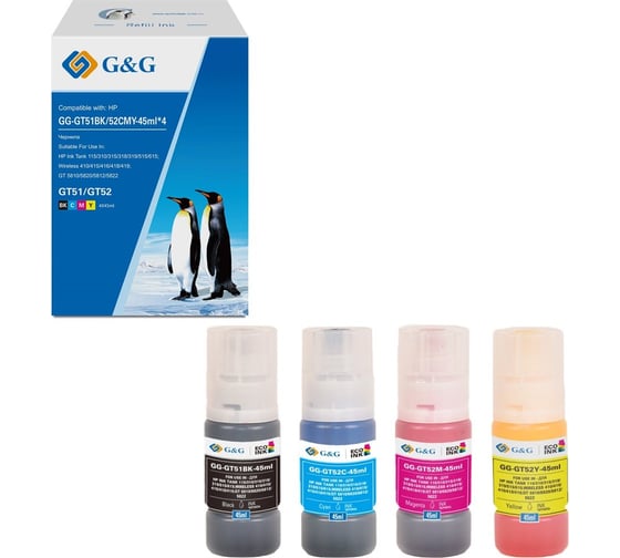Чернила G&G GG-GT51BK/52CMY-45ml*4 GT51/52 голубой/пурпурный/желтый/черный набор 4x45 мл для HP Ink T 2004900 1