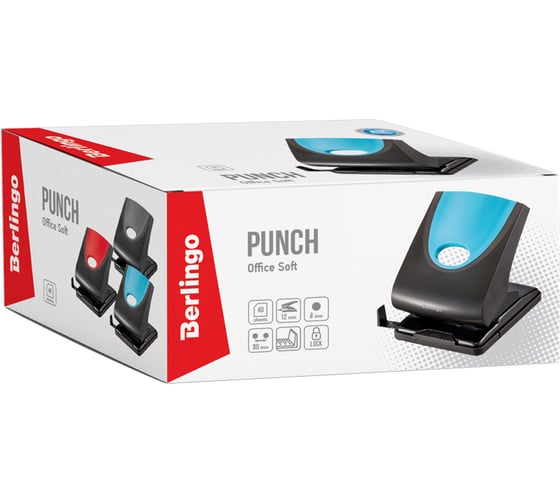 Дырокол BERLINGO Office Soft 40 листов, пластиковый, с фиксатом, ассорти, с линейкой DDp_40168
