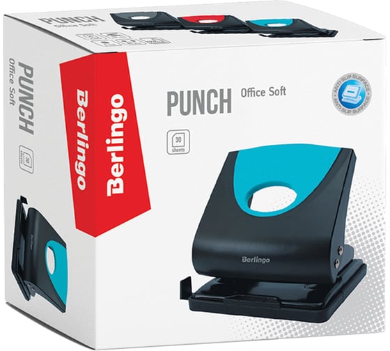 Дырокол BERLINGO Office Soft 30 листов, пластиковый, синий, с линейкой DDp_30162