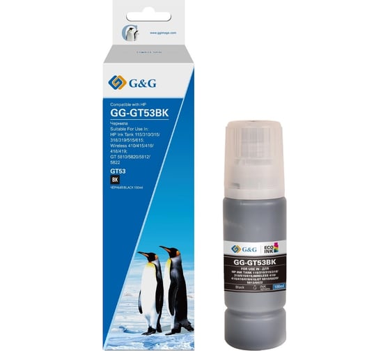 Чернила G&G GG-GT53BK черный 100 мл для HP Ink Tank 110/115/116/118/310/315/316/318/319/515/615;Wirele 2078136 1