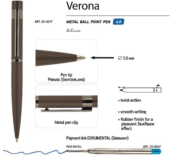 Автоматическая шариковая ручка Bruno Visconti VERONA коричневый металлический корпус, 1.0 мм, синяя 20-0217