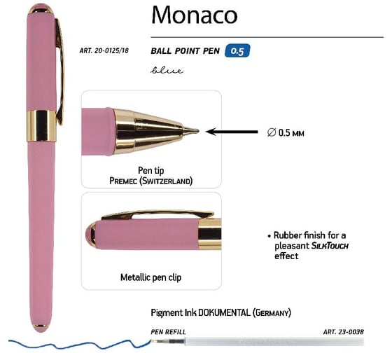 Шариковая ручка Bruno Visconti MONACO 0.5 мм, синяя, розовый корпус 20-0125/18