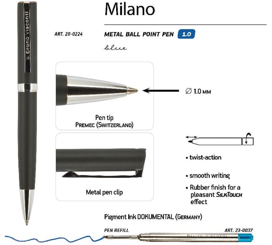 Автоматическая шариковая ручка Bruno Visconti MILANO черный металлический корпус, 1.0 мм, синяя 20-0224