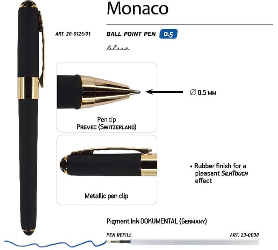 Шариковая ручка Bruno Visconti MONACO 0.5 мм, синяя, черный корпус 20-0125/01