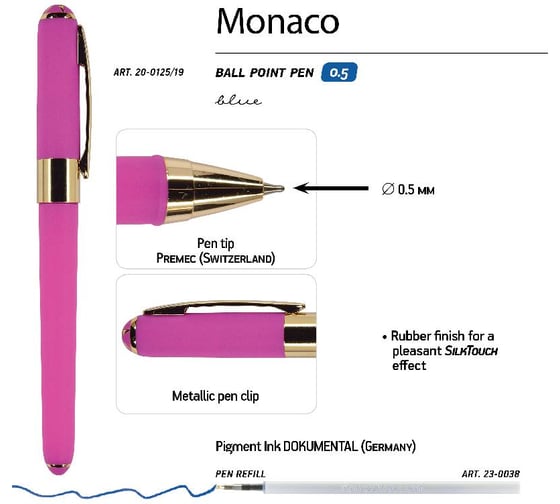 Шариковая ручка Bruno Visconti MONACO 0.5 мм, синяя, ярко-розовый корпус 20-0125/19