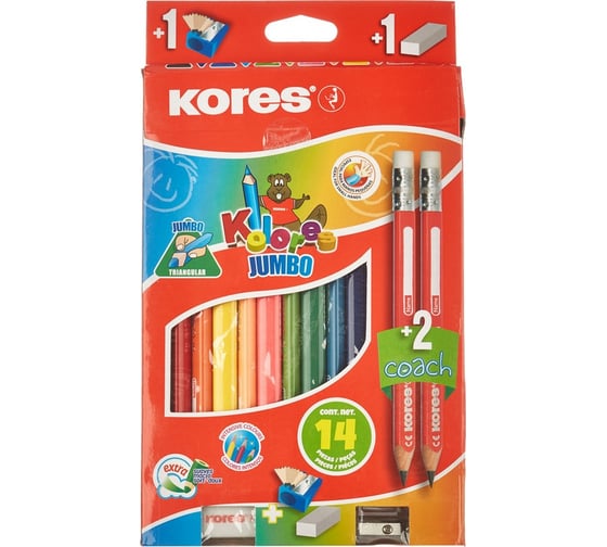 Цветные карандаши Kores Jumbo 12 цветов, трехгранные, с точилкой и ластиком 1013665