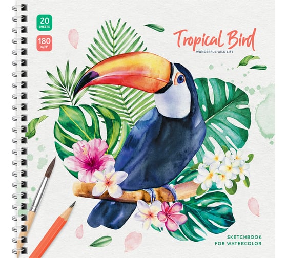 Скетчбук для акварели ArtSpace Tropical Bird 20 листов, 190х190 мм, на гребне, 180г/м2 Сак20грг_38350