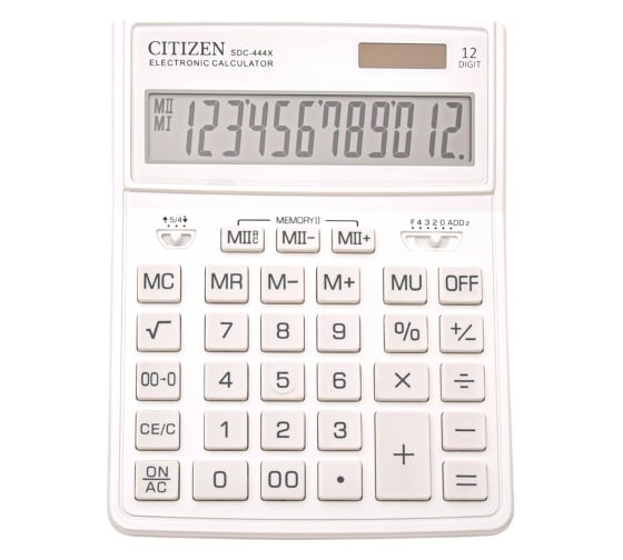 Настольный калькулятор Citizen 12 разрядов, двойное питание, белый SDC444XRWHE