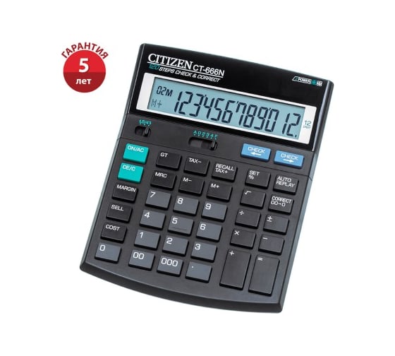 Настольный калькулятор Citizen 12 разрядов, двойное питание, 142х186х37 мм, черный CT-666N 1