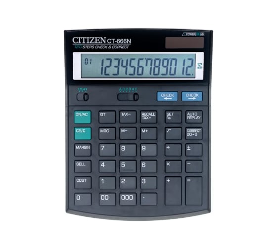 Настольный калькулятор Citizen 12 разрядов, двойное питание, 142х186х37 мм, черный CT-666N
