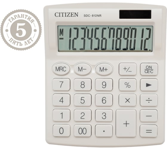 Настольный калькулятор Citizen 12 разрядов, двойное питание, белый SDC-812NR-WH