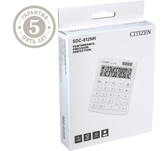 Настольный калькулятор Citizen 12 разрядов, двойное питание, белый SDC-812NR-WH