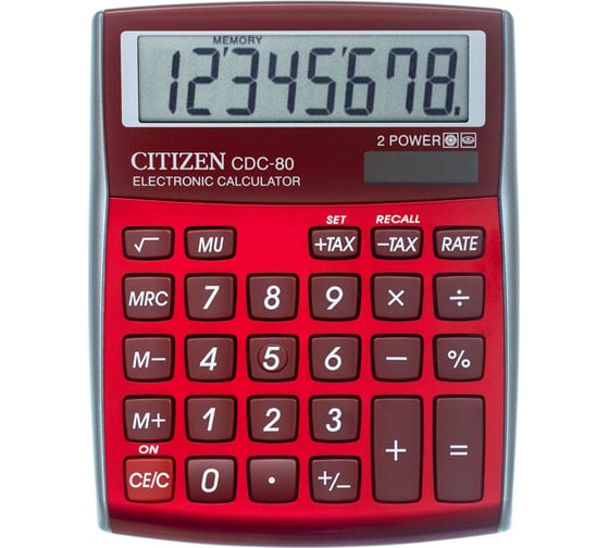 Настольный калькулятор Citizen 8 разрядов, двойное питание, красный CDC-80RDWB