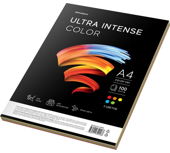 Цветная бумага OfficeSpace Ultra Intense Color A4, 80 г/м2, 100 листов, 5 цветов IC_34018 1