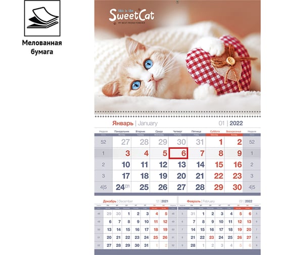 Квартальный календарь OfficeSpace Mono premium Sweet cat 1 блок на гребне, 2022 г 318385