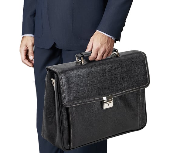 Портфель из натуральной кожи ОФИСМАГ 38x27x12 см, 2 отделения, замок с ключом, черный, 2-237 240365