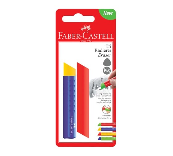 Треугольный ластик Faber-Castell Tri 83х12,6х12,3 мм, пластиковый футляр, ассорти 182329