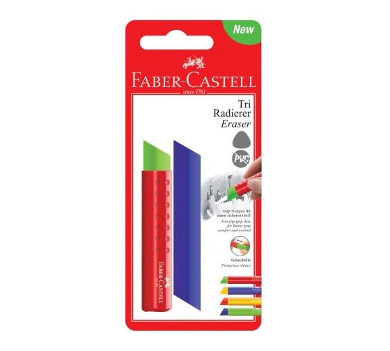 Треугольный ластик Faber-Castell Tri 83х12,6х12,3 мм, пластиковый футляр, ассорти 182329