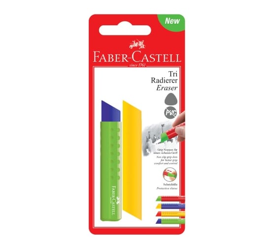 Треугольный ластик Faber-Castell Tri 83х12,6х12,3 мм, пластиковый футляр, ассорти 182329