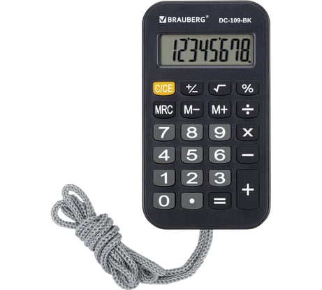 Калькулятор карманный со шнурком BRAUBERG DC-109-BK (61x110мм), 8 разрядов, черный 272642