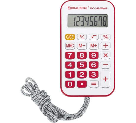 Калькулятор карманный со шнурком BRAUBERG DC-109-WWR (61x110мм), 8 разрядов, белый/красный 272644