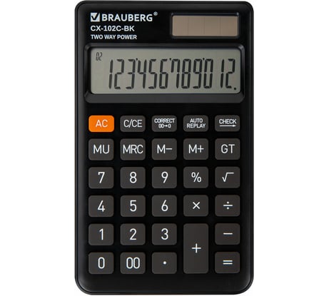 Калькулятор карманный BRAUBERG CX-102C-BK (76x126мм), 12 разрядов, двойное питание, черный 272647