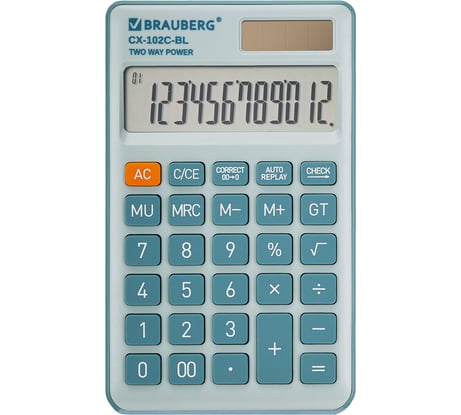 Калькулятор карманный BRAUBERG CX-102C-BL (76x126мм), 12 разрядов, двойное питание, голубой 272649
