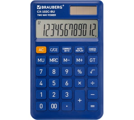 Калькулятор карманный BRAUBERG CX-102C-BU (76x126мм), 12 разрядов, двойное питание, синий 272648