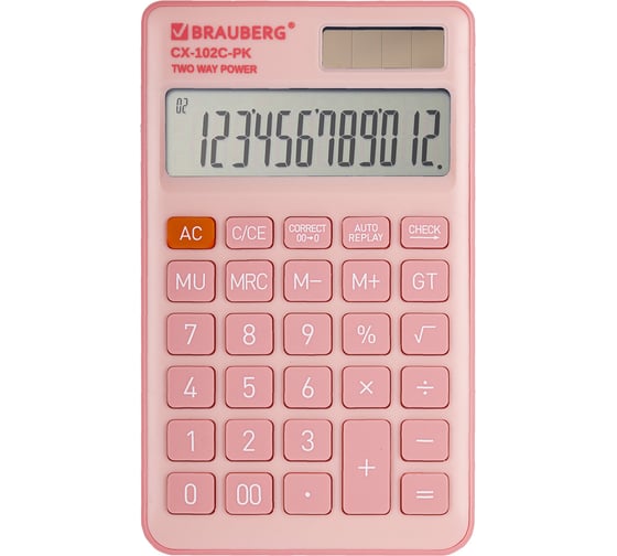 Калькулятор карманный BRAUBERG CX-102C-PK (76x126мм), 12 разрядов, двойное питание, розовый 272650 1