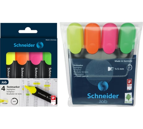 Набор текстовыделителей Schneider Job 4 цвета, 1-5 мм, прозрачный чехол 1500