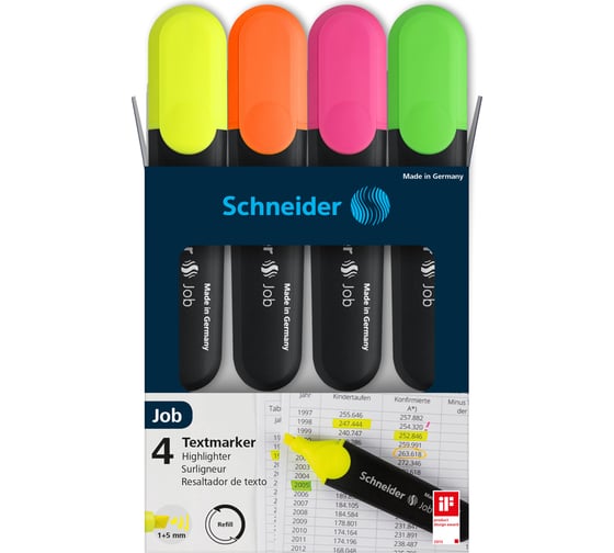 Набор текстовыделителей Schneider Job 4 цвета, 1-5 мм, прозрачный чехол 1500