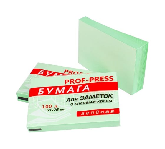 Бумага для заметок Prof-Press с клеевым краем зеленая 51х76 мм, 100 листов ЗБ-1549 1