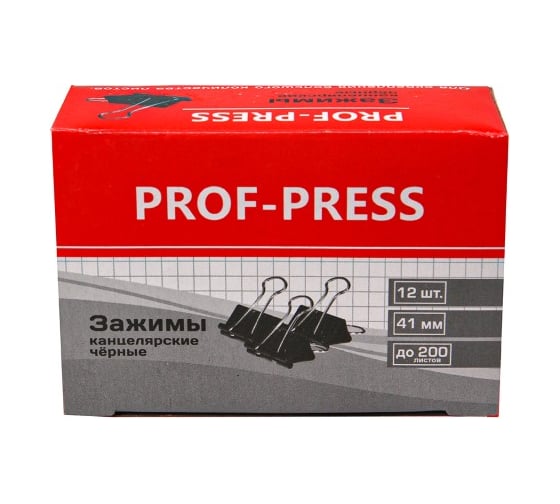 Зажим для бумаг Prof-Press черный 41 мм, набор 12 шт, в картонной коробке ЗК-4169