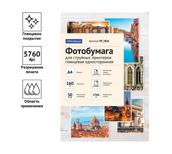 Глянцевая односторонняя фотобумага для струйных принтеров Office Space А4 160 г/м2 50 листов PP_2836