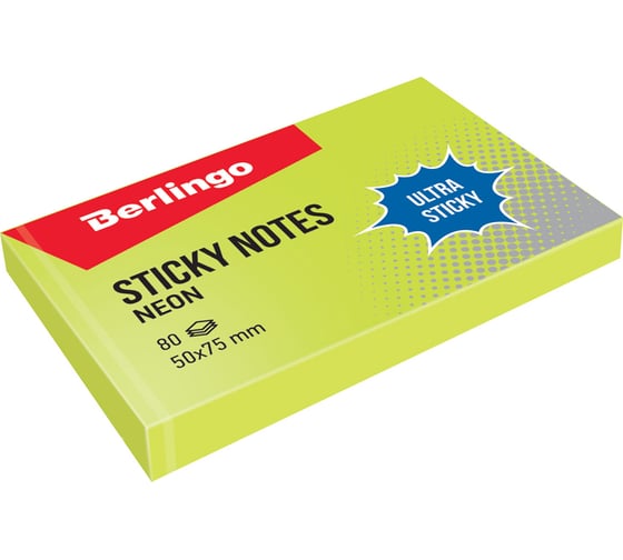 Самоклеящийся блок BERLINGO Ultra Sticky 50x75 мм, 80 листов, зеленый неон LSn_39411