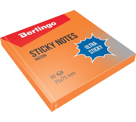 Самоклеящийся блок BERLINGO Ultra Sticky 75x75 мм, 80 листов, оранжевый неон LSn_39204