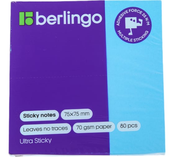 Самоклеящийся блок BERLINGO Ultra Sticky 75x75 мм, 80 листов, синий неон LSn_39202 18694932