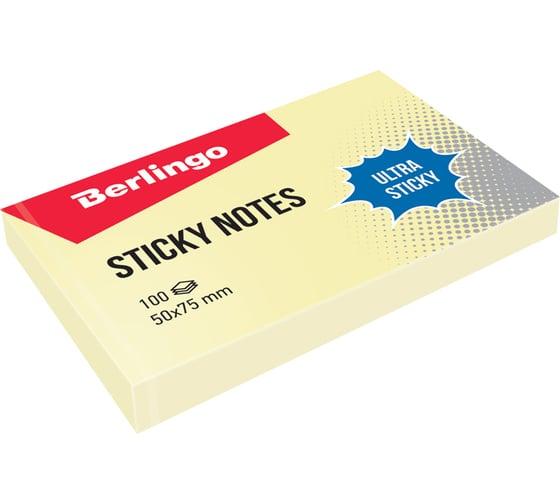 Самоклеящийся блок BERLINGO Ultra Sticky 50x75 мм, 100 листов, пастель, желтый LSn_39400
