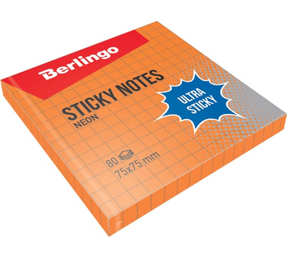 Самоклеящийся блок BERLINGO Ultra Sticky 75x75 мм, 80 листов, в клетку, оранжевый неон LSn_39714
