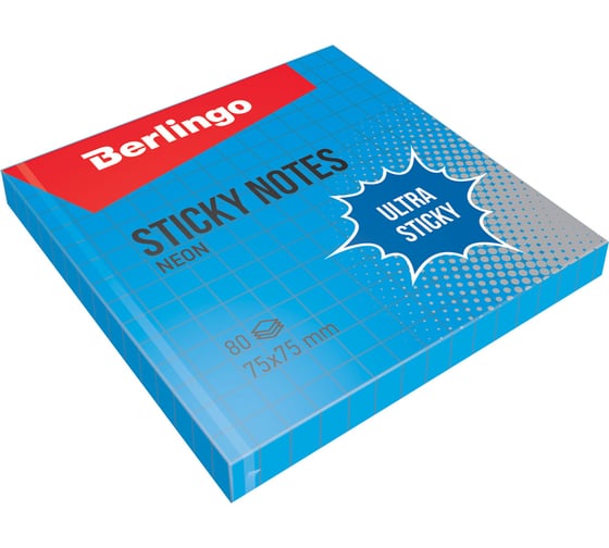 Самоклеящийся блок BERLINGO Ultra Sticky 75x75 мм, 80 листов, в клетку, синий неон LSn_39702