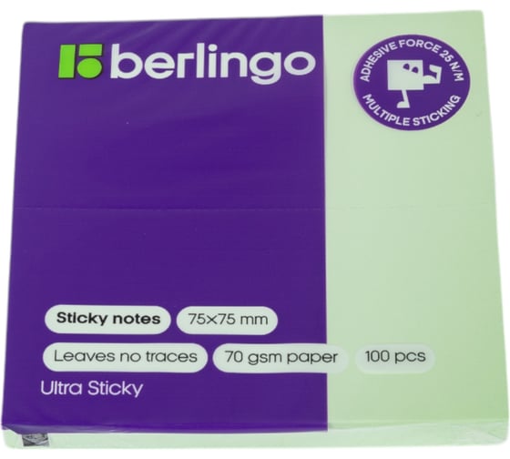 Самоклеящийся блок BERLINGO Ultra Sticky 75x75 мм, 100 листов, пастель, зеленый LSn_39206 18694674