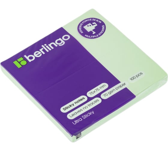 Самоклеящийся блок BERLINGO Ultra Sticky 75x75 мм, 100 листов, пастель, зеленый LSn_39206